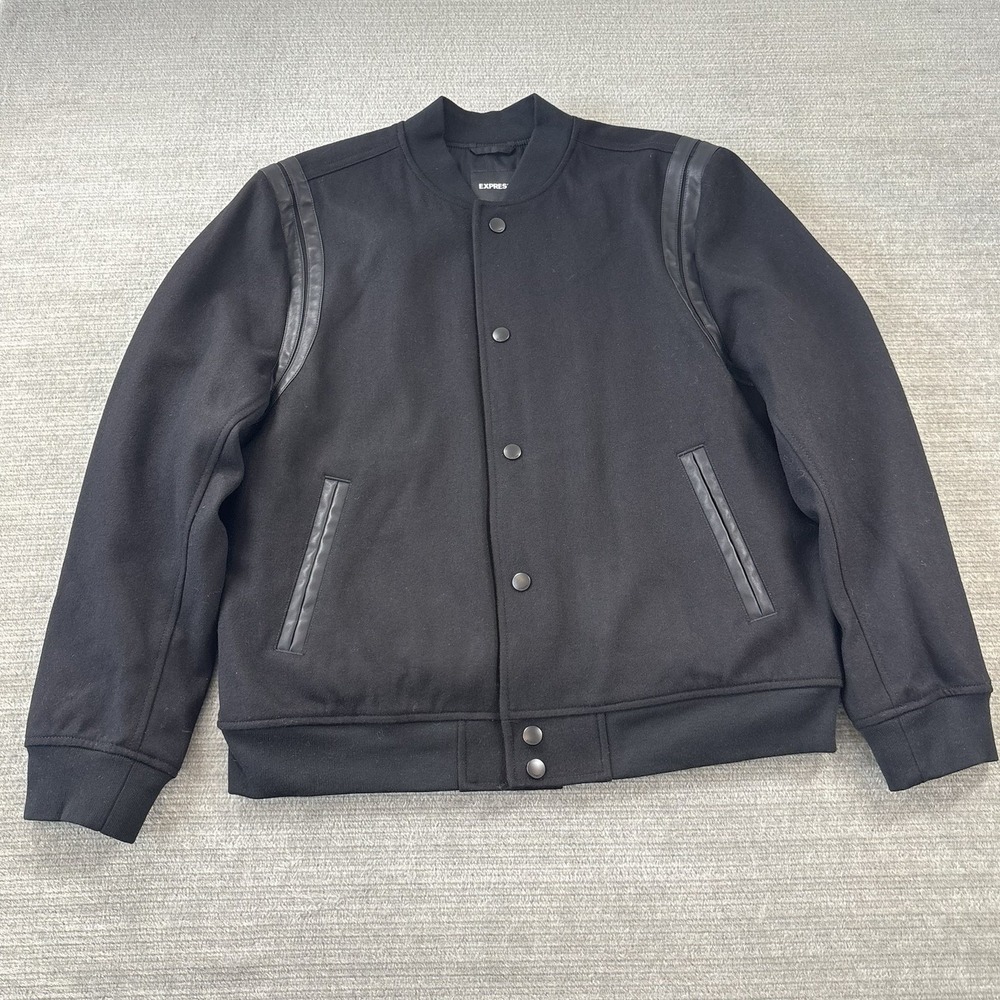 Express Varsity Bomber Jacket Mens XL Black Snap Button Sportswear Casual